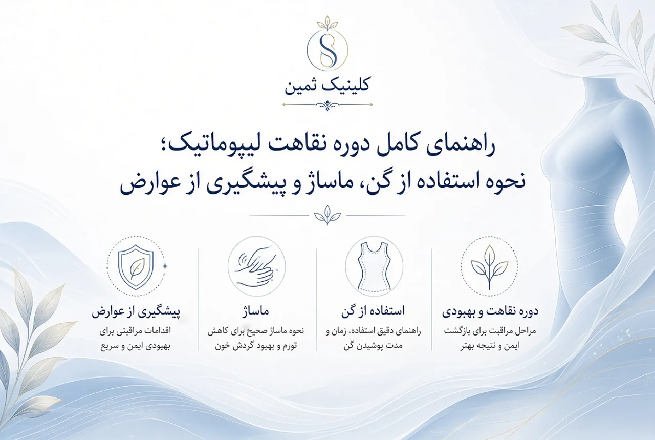 راهنمای کامل دوره نقاهت لیپوماتیک؛ نحوه استفاده از گن، ماساژ و پیشگیری از عوارض در کلینیک ثمین